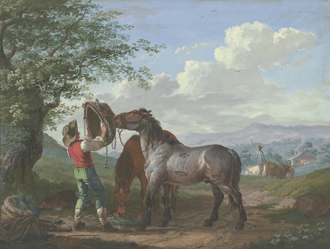 Johann Georg Pforr - Zwei Pferde auf dem Felde unter einem Baum