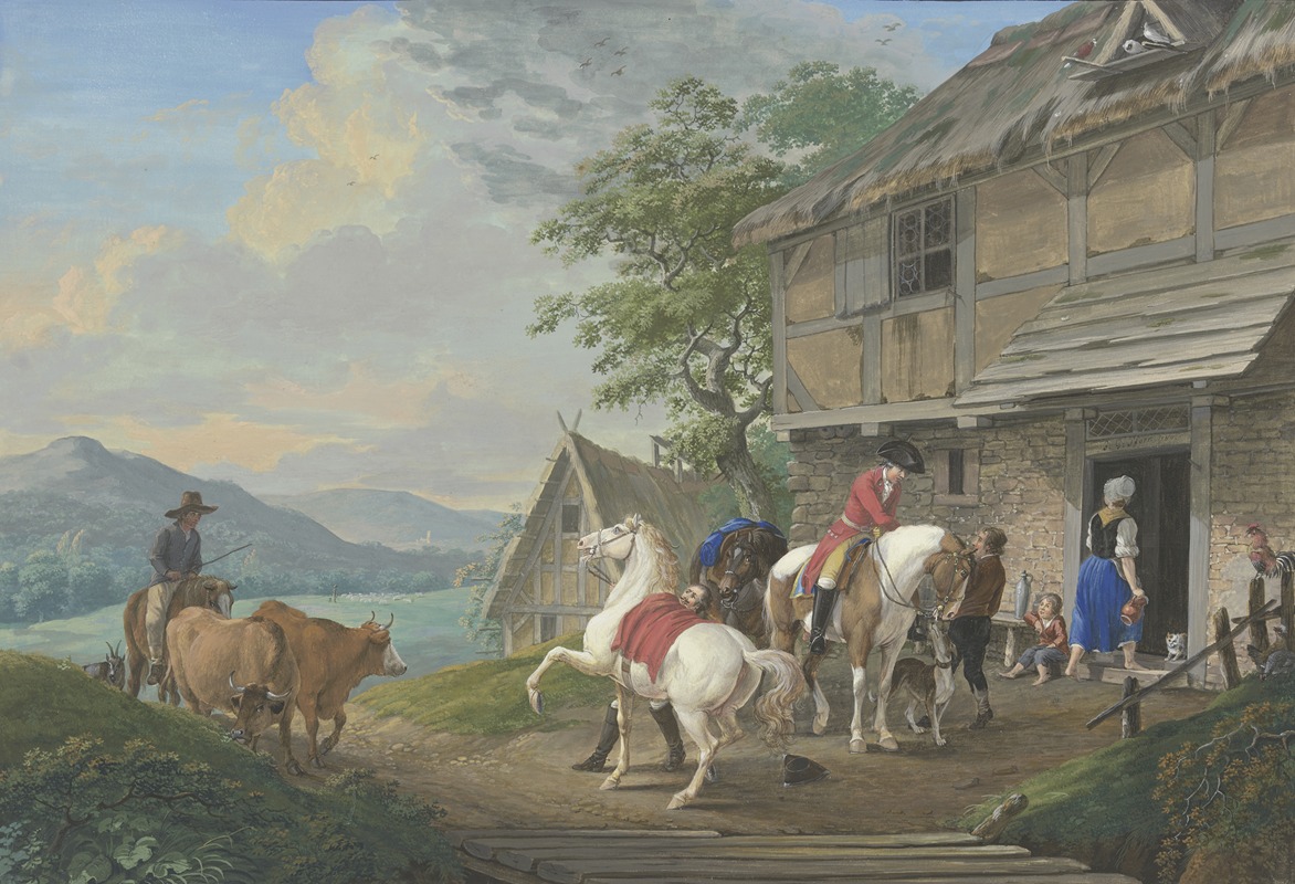 Johann Georg Pforr - Zwei Reiter mit einem Packpferd halten vor einem Bauernhaus