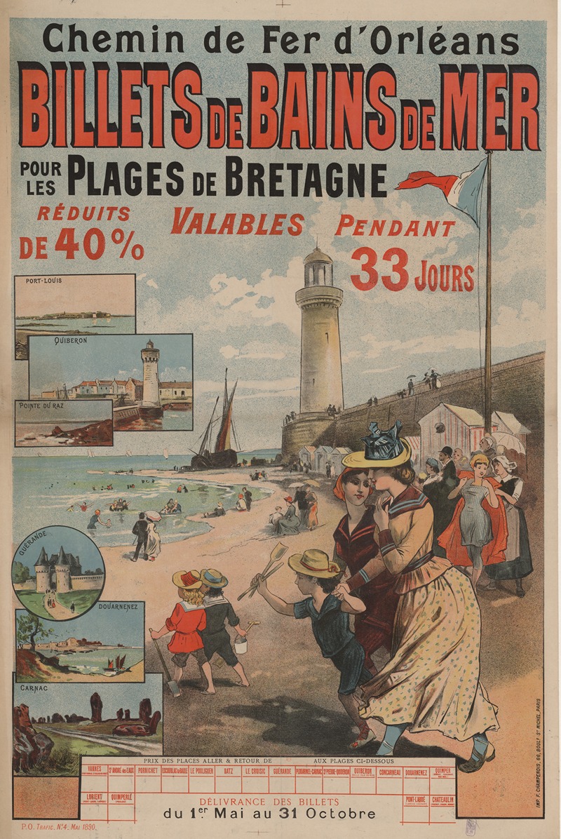 Imp. F. Champenois - Chemin de fer d’Orléans. Billets de Bains de Mer pour les plages de Bretagne. Port-Louis, Quiberon, Pointe du Raz