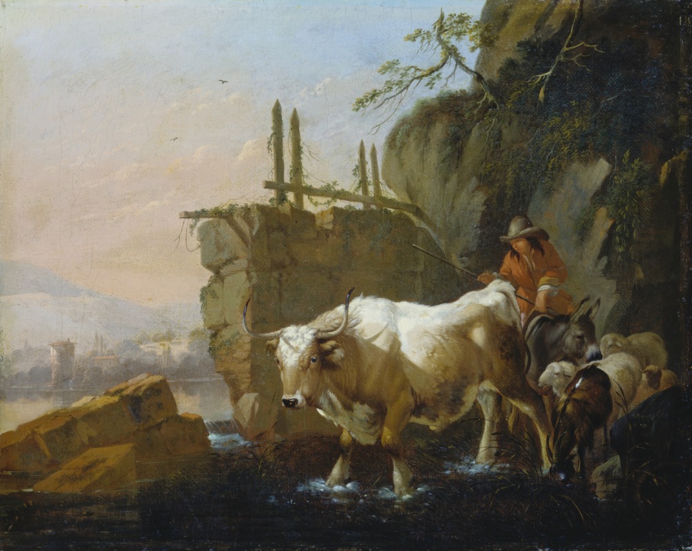 Johann Heinrich Roos - Herdsmen Driving Cattle through a Ford