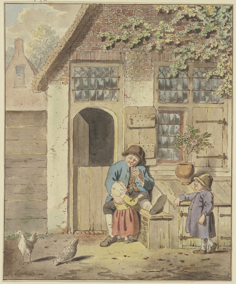 Johannes Christiaan Janson - Vor einer Haustür sitzt ein Bauer mit zwei Kindern, dabei zwei Hühner