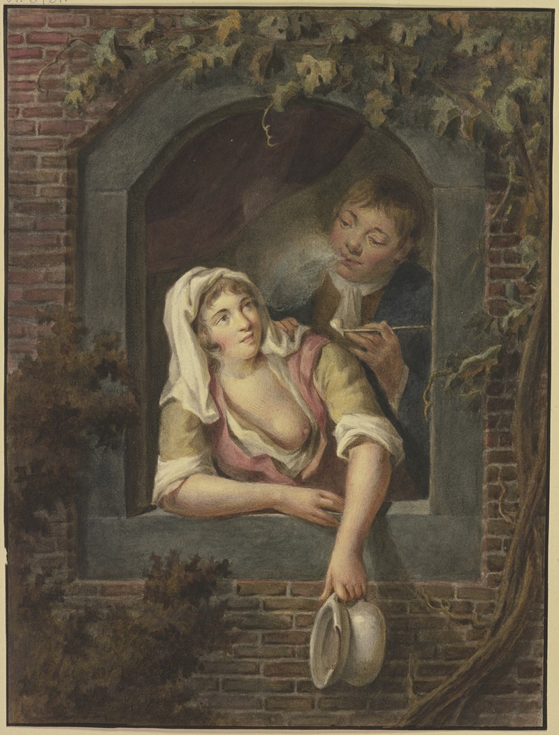 Lambert Antonius Claessens - Eine Frau mit entblöstem Busen leert ein Nachtgeschirr zum Fenster hinaus, hinter ihr ein rauchender junger Mann