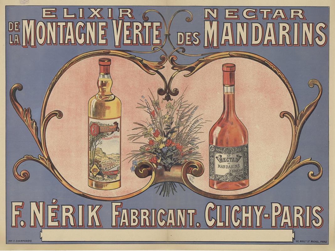 Imp. F. Champenois - Elixir de la montagne verte. Nectar des mandarins. F. Nérik, fabricant Clichy – Paris