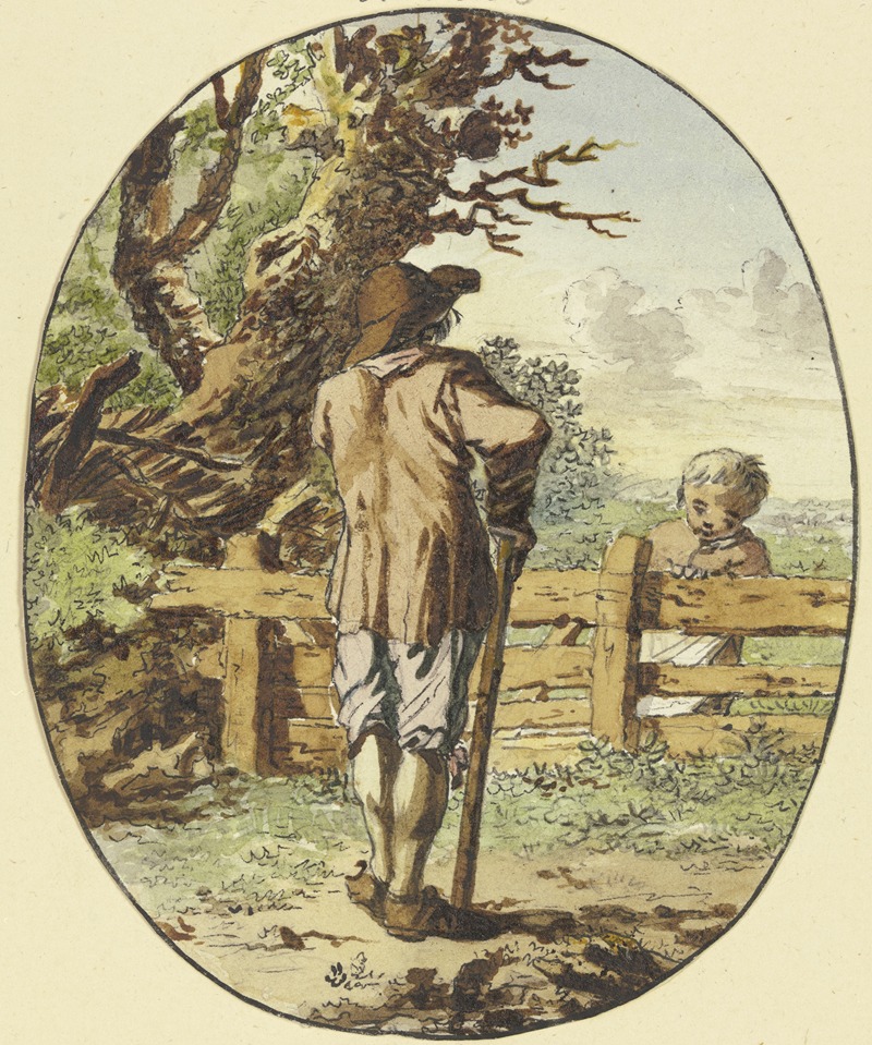 Steven Goblé - A man with a stick stands at a fence with his back to the viewer, and a child stands on the other side
