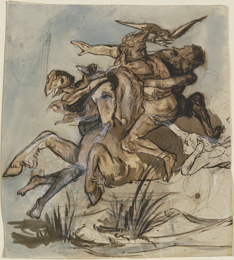 Victor Müller - Bärtiger Mann in Begleitung eines Vogels auf einem Pferd im gestreckten Galopp, drei Gestalten suchen beide niederzuringen