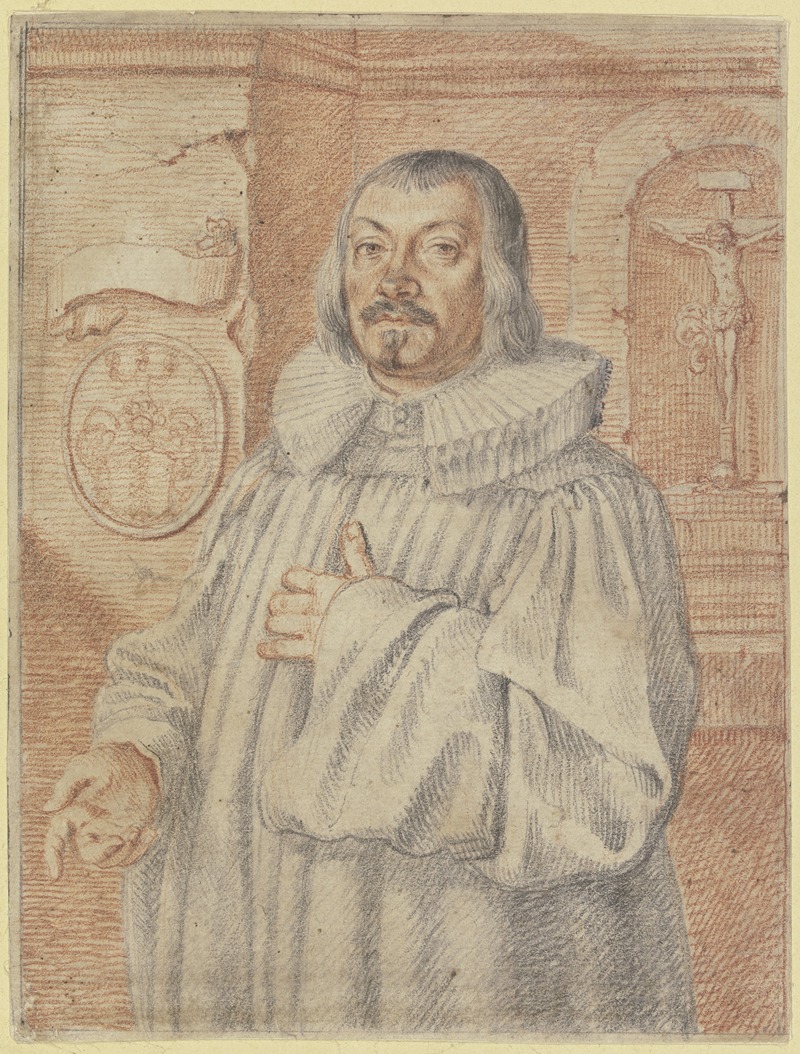 Wolfgang Kilian - Bildnis eines protestantischen Predigers, links ein Wappen mit drei Blumen, rechts ein Kruxifix