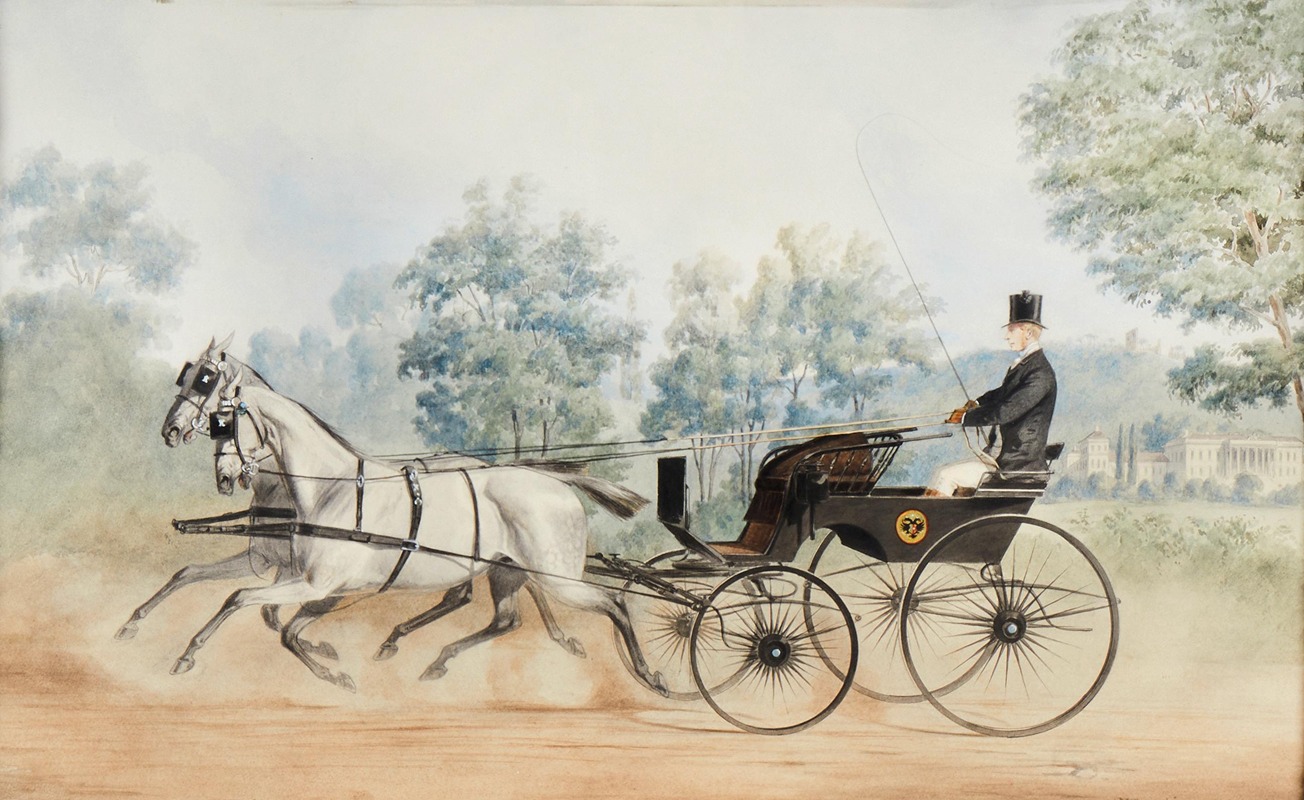 Anton Zampis - A noble gentleman in a court carriage near Weilburg and Rauheneck ruin in Baden