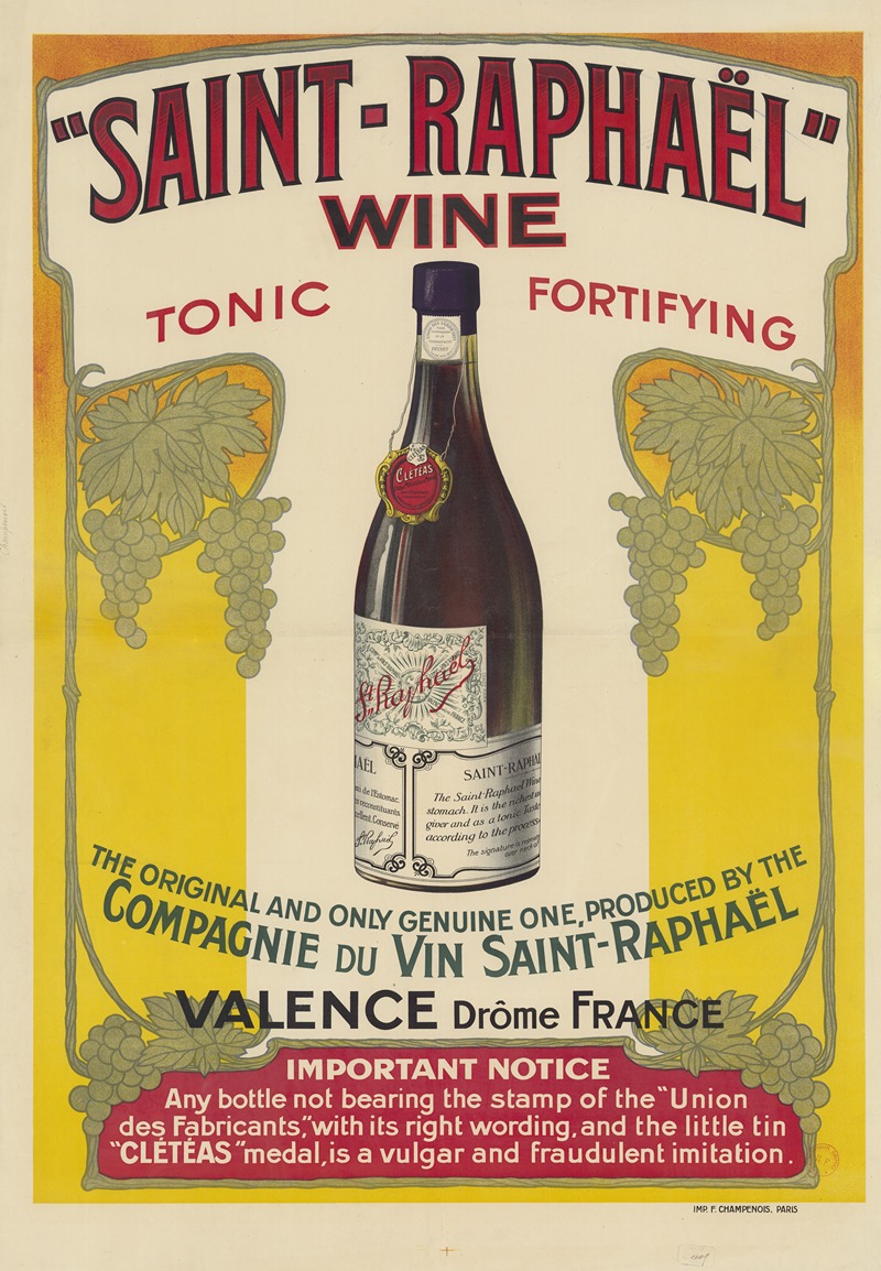 Imp. F. Champenois - Vino Saint – Raphaël tonico, reconstituyente. Valence, Drôme