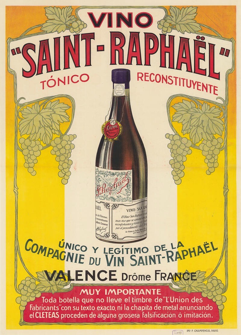 Imp. F. Champenois - Vino ‘Saint – Raphaël’ tonico, reconstituyente… Valence, Drôme