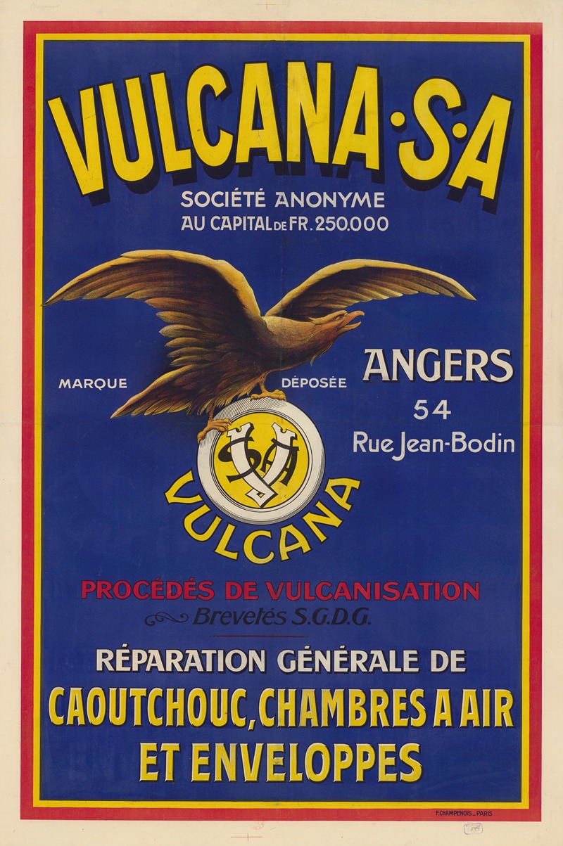 Imp. F. Champenois - Vulcana S.A… Procédés de vulcanisation, réparation générale de caoutchouc, chambres à air et enveloppes