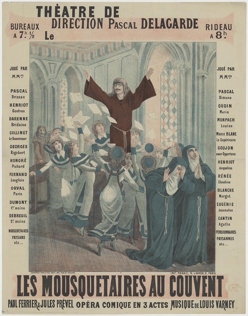 Imp. Franc - Théatre de —-, direction Pascal Delagarde bureaux à 7h 1,2, rideau à 8h, le —. Les Mousquetaires au couvent