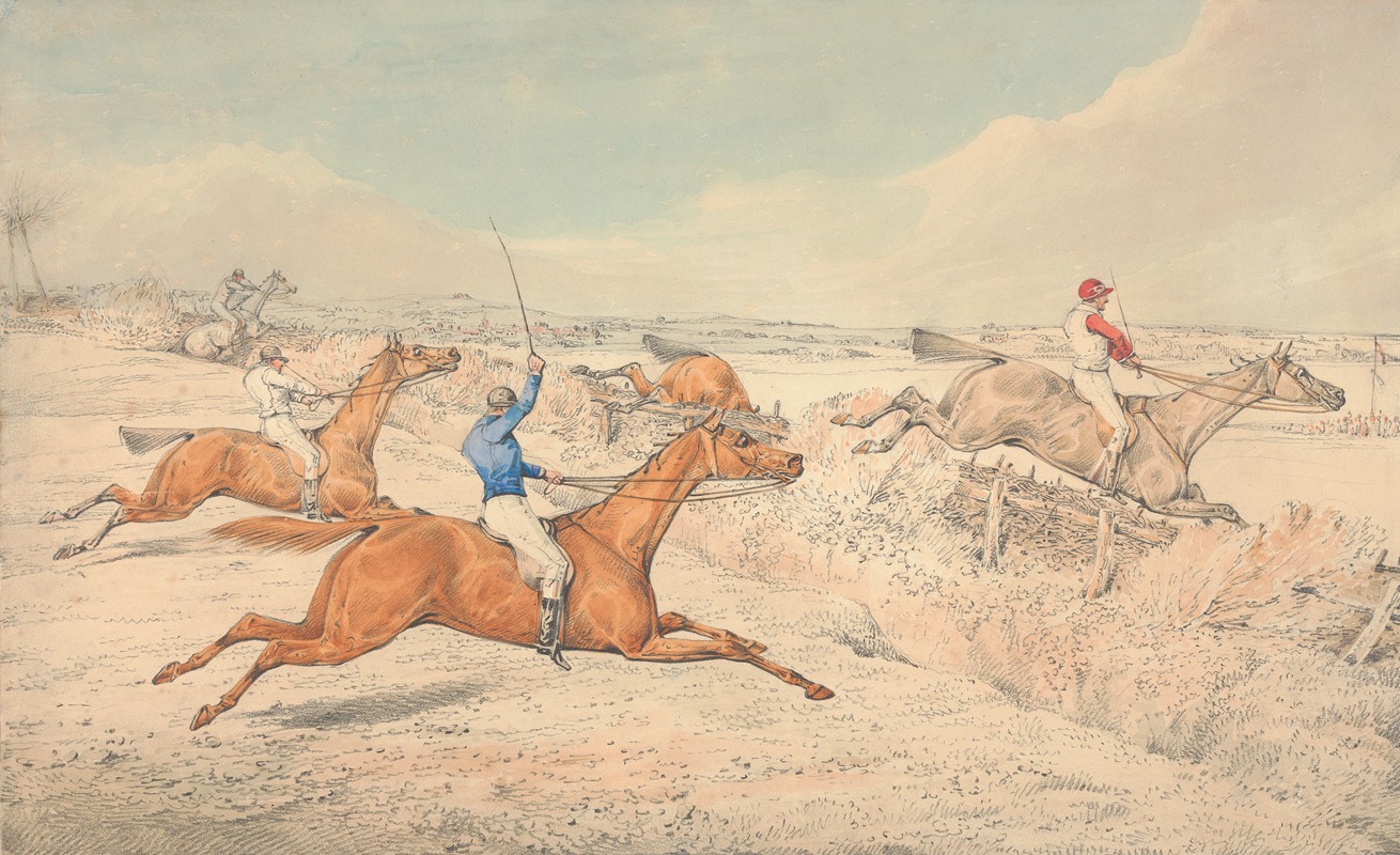 Henry Thomas Alken - Steeplechasing; Four Riders Taking a Ditch and an Oxer