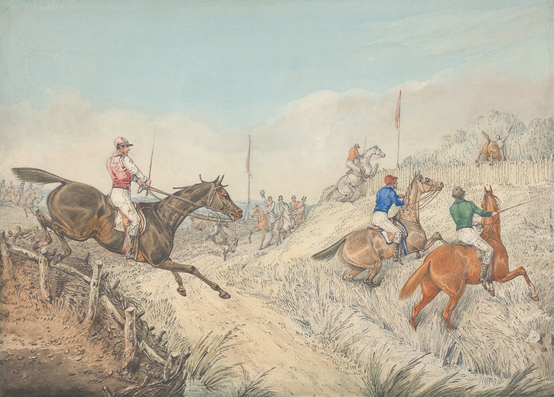 Henry Thomas Alken - Steeplechasing; The Field Jumping in and Out of a Lane