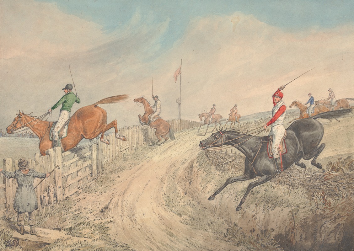 Henry Thomas Alken - Steeplechasing; The Field Jumping Into and Out of a Lane
