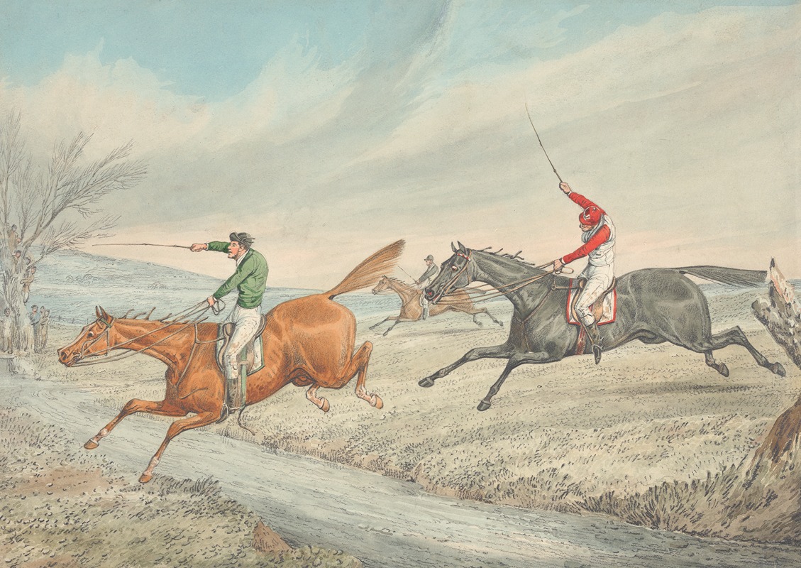 Henry Thomas Alken - Steeplechasing; Three Riders Taking a Brook