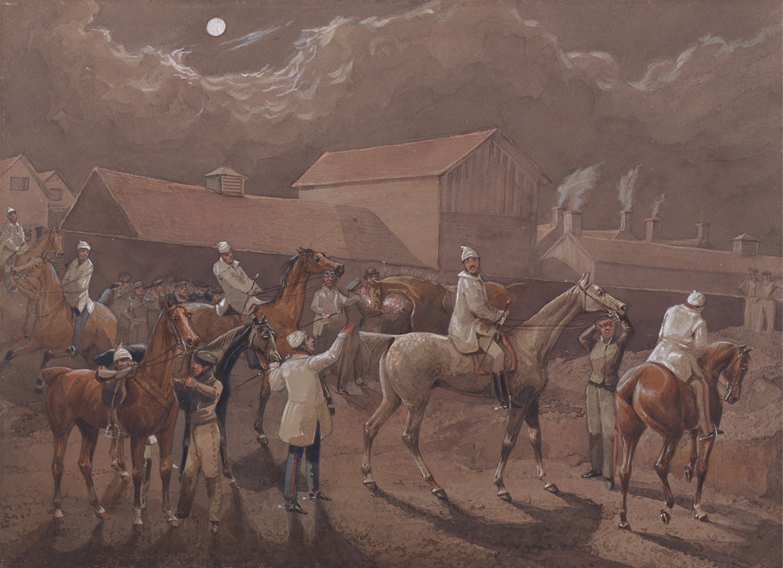 Henry Thomas Alken - The Night Riders of Nacton; Preparing to Start. Ipswich, the Watering Place behind the Barracks