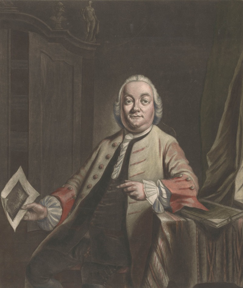 Jacobus Buys - Portret van Simon Fokke met in zijn hand de prent van de plundering van het huis van Gerrit Hagedooren