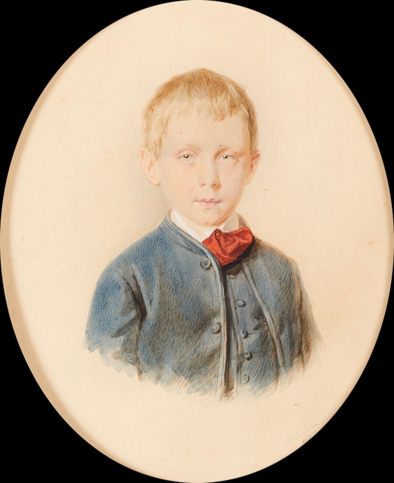 Josef Kriehuber - Portrait of a boy in a blue jacket and waistcoat and wearing a red scarf