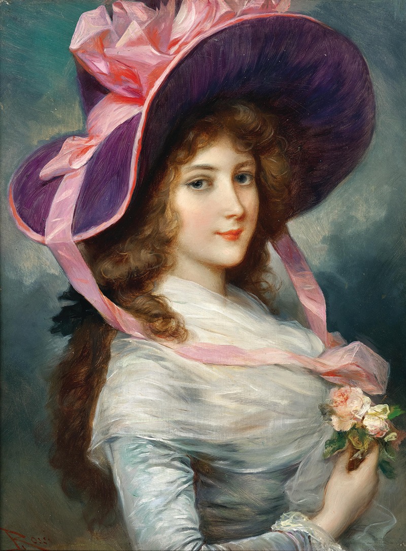 Lucius Rossi - Portrait of a Lady with a Purple Hat and Roses