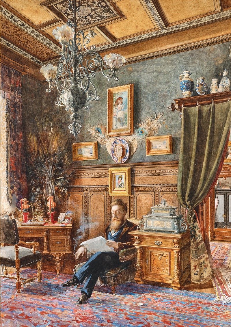 Ludwig Otto von Sonnenburg - The interior of a villa with a gentleman seated in an armchair and smoking