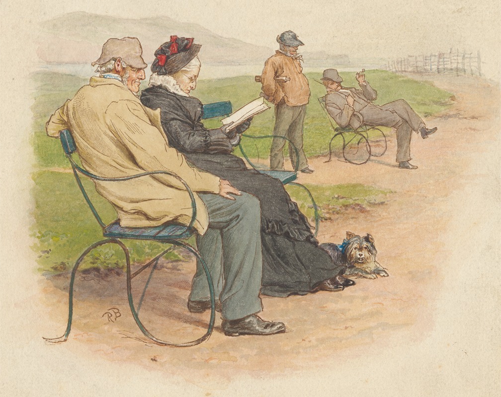 Robert Barnes - Elderly Couple on a Park Bench, with Two Men Beyond
