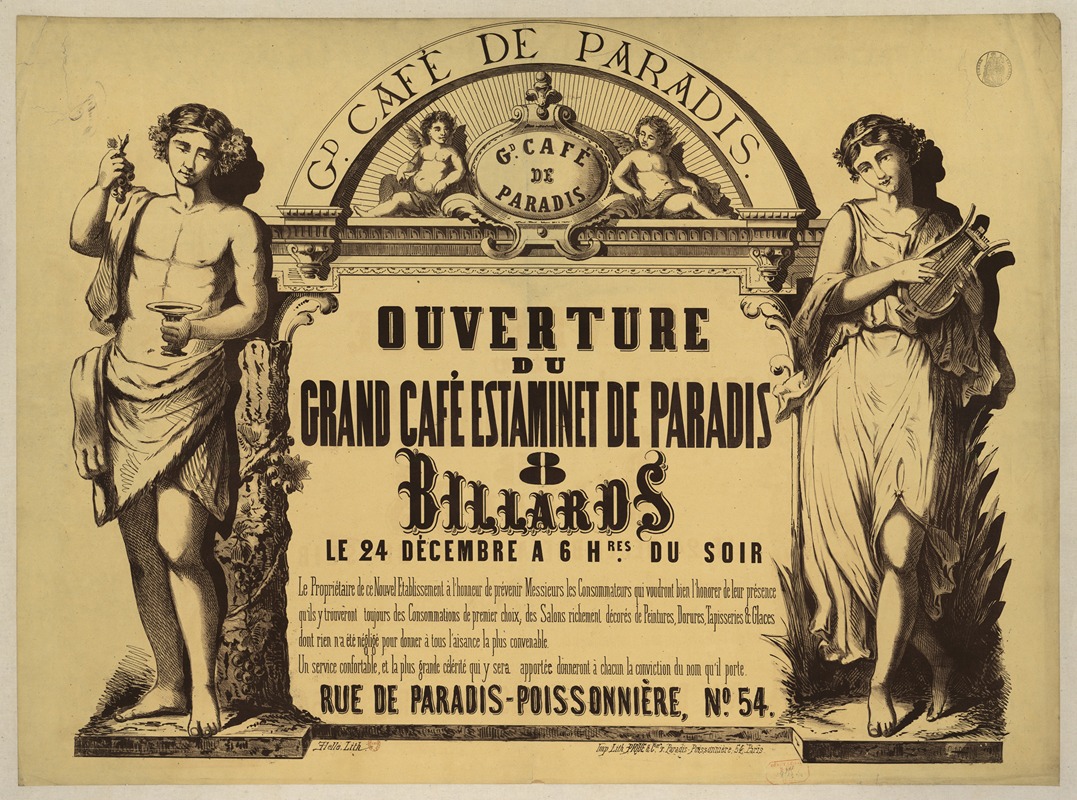 Imp. lith. Pique & Cie - Grand café de Paradis. Ouverture du Grand Café Estaminet de Paradis