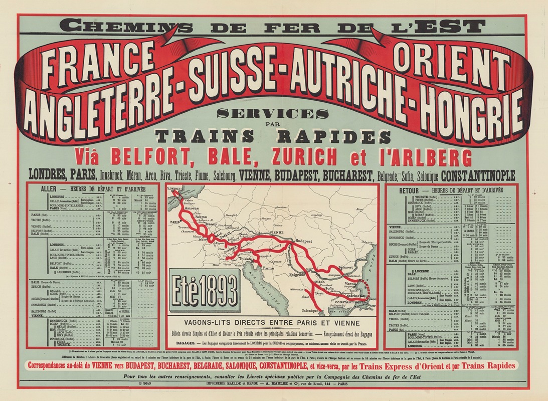 Imp. Maulde et Renou - Chemins de Fer de l’Est. France Orient Angleterre – Suisse – Autriche – Hongrie, Eté 1893