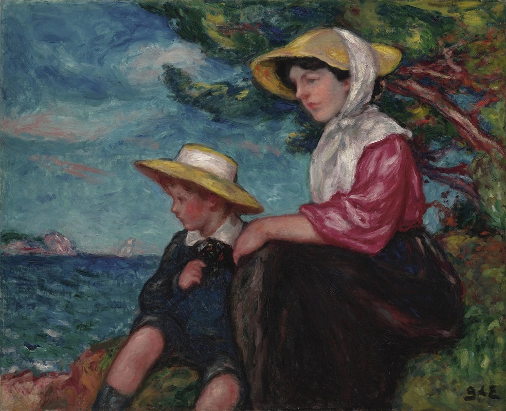 Georges d'Espagnat - Femme et jeune garçon assis au bord de la mer