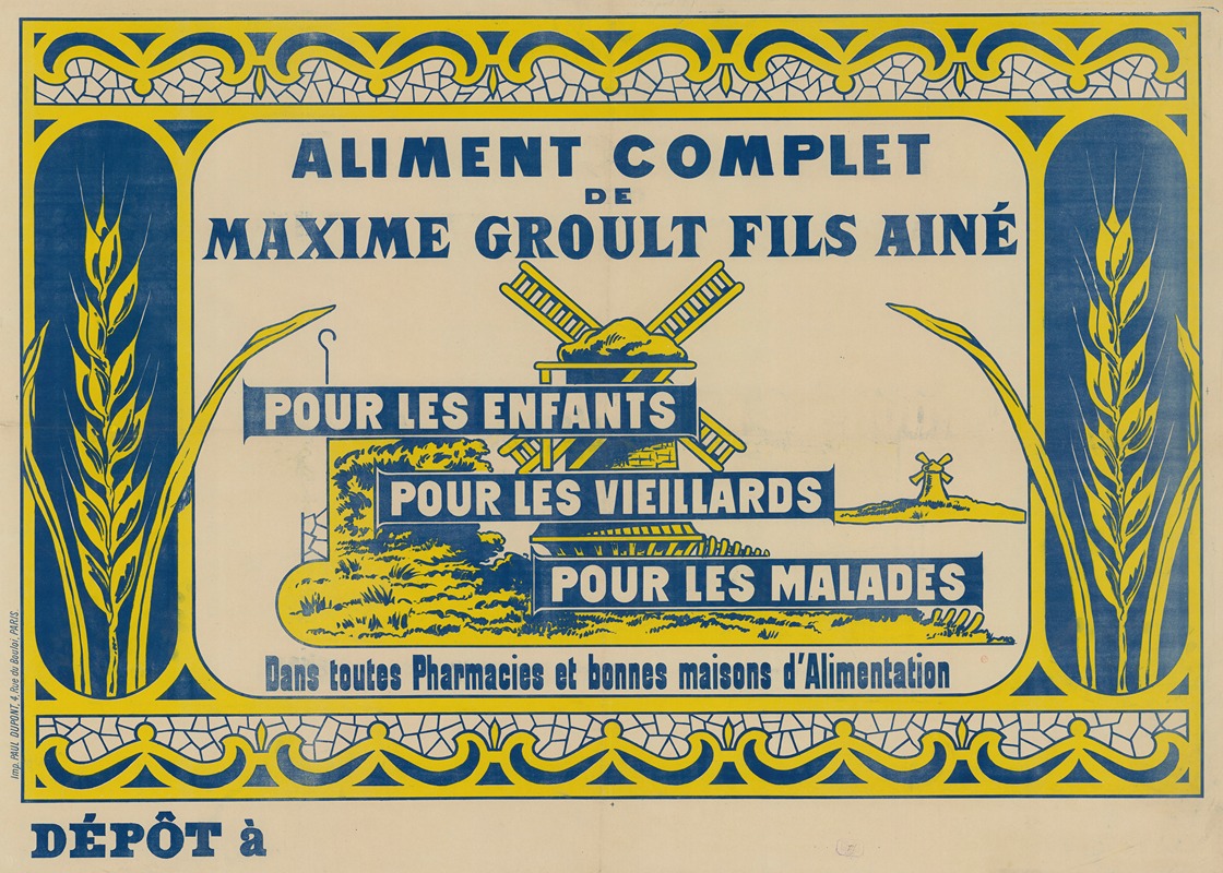 Imp. Paul Dupont - Aliment complet de Maxime Groult Fils ainé. Pour les enfants, pour les vieillards, pour les malades