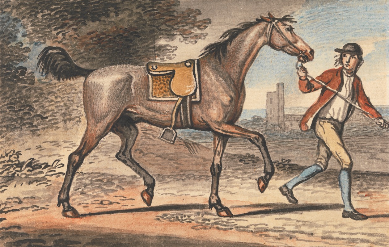 John Collet - Stable Boy Leading a Trotting Horse in a Landscape with a Castle Tower