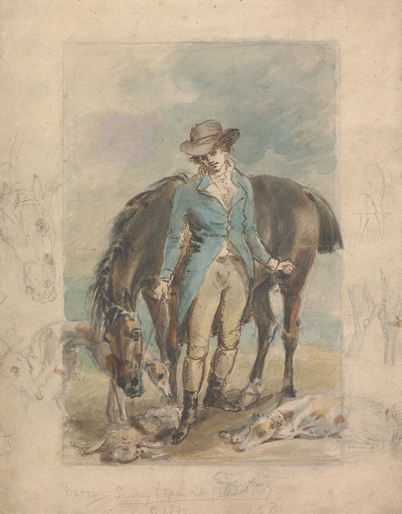 John Hoppner - A Young Man with a Horse, with Studies of Hounds and Dead Hare