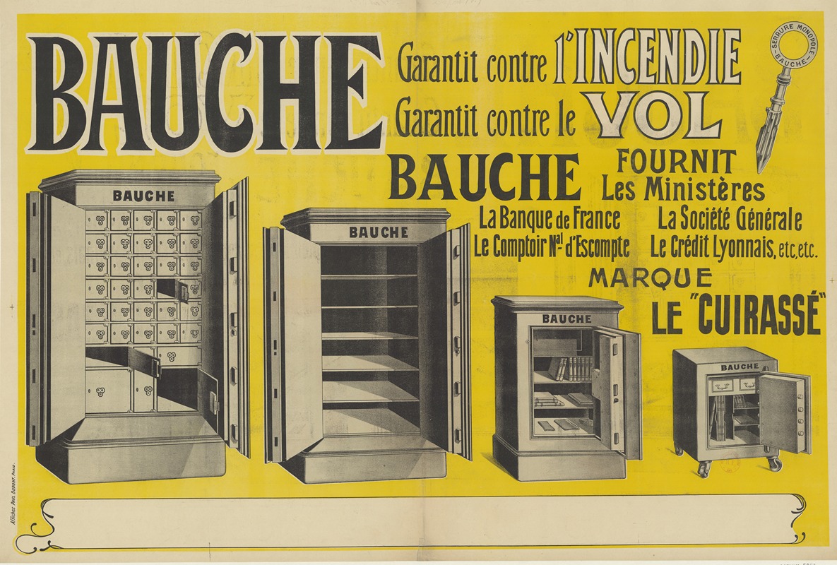 Imp. Paul Dupont - Bauche. coffre-fort, serrure.Garantit contre l’incendie. Garantit contre le vol