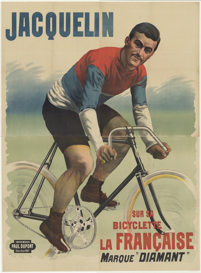 Imp. Paul Dupont - Edmond Jacquelin sur sa bicyclette La Française marque Diamant