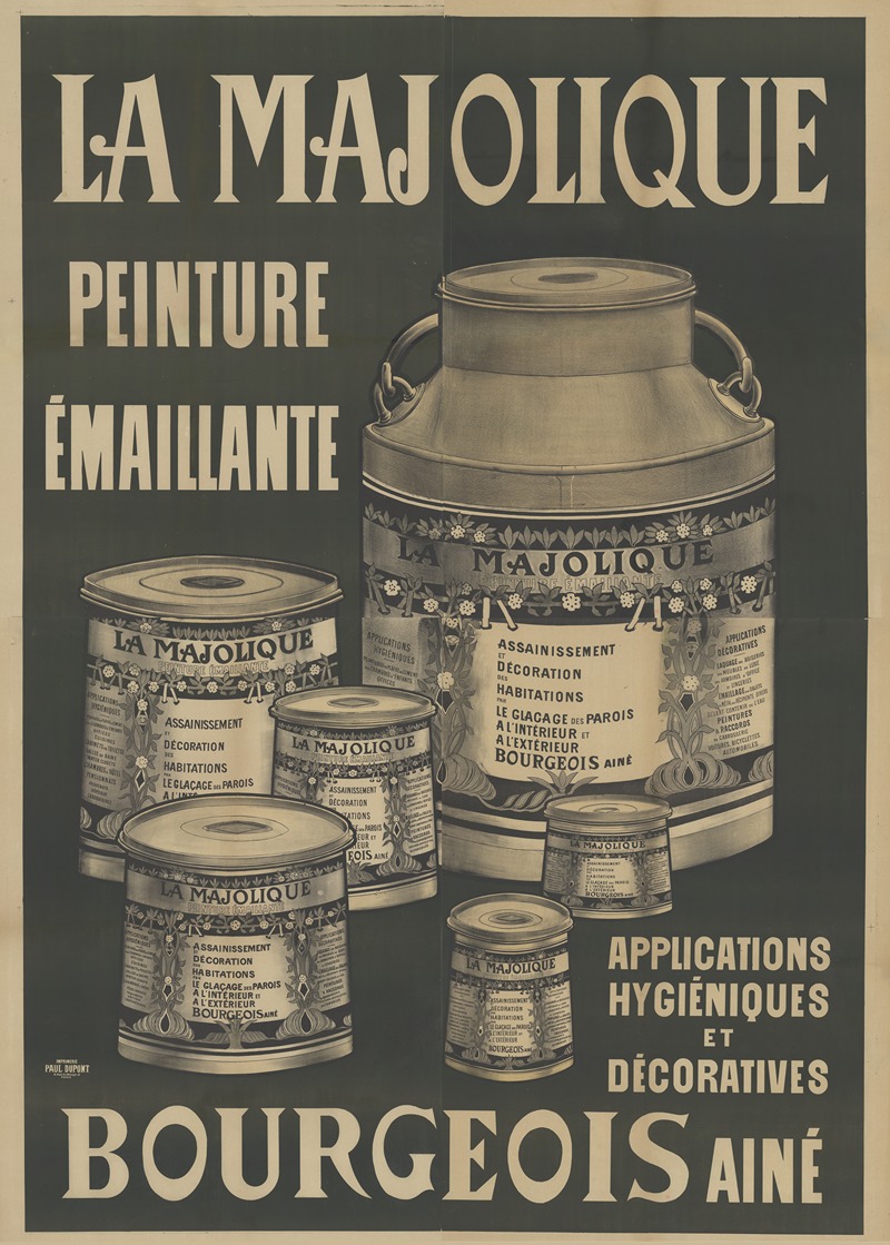 Imp. Paul Dupont - La Majolique, peinture émaillante. Applications hygiéniques et décoratives. Bourgeois, ainé