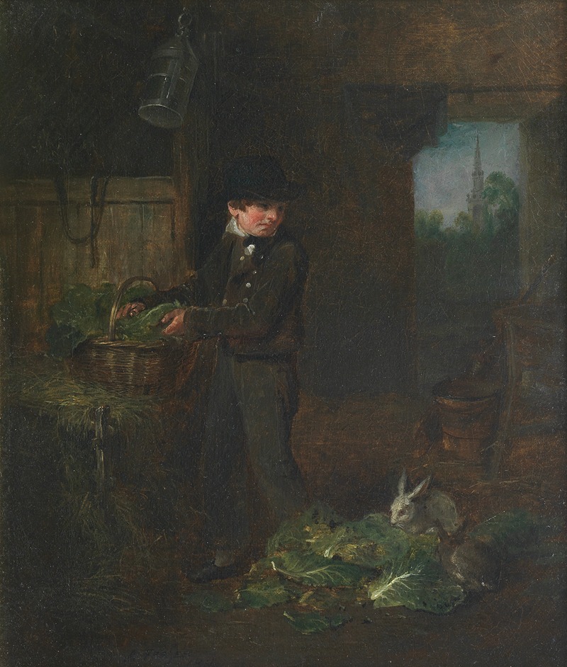 Alexander George Fraser - Boy feeding rabbits