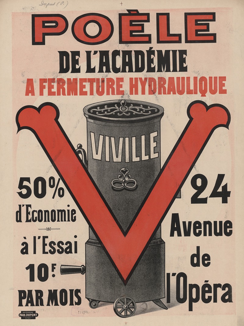 Imp. Paul Dupont - Poèle de l’académie à fermeture hydraulique Viville. 24, avenue de l’opéra Paris