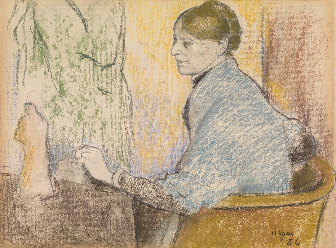 Edgar Degas - Madame Henri Rouart in an armchair in front of a small table with a Tanagra statuette
