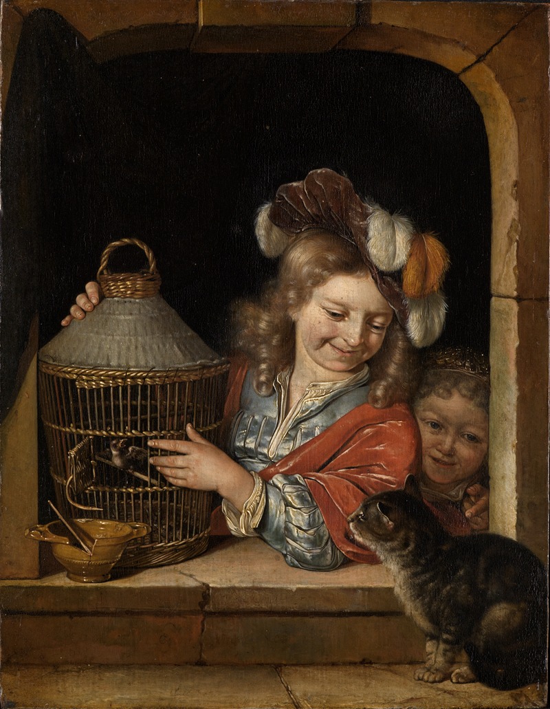 Eglon van der Neer - Children with birdcage and cat