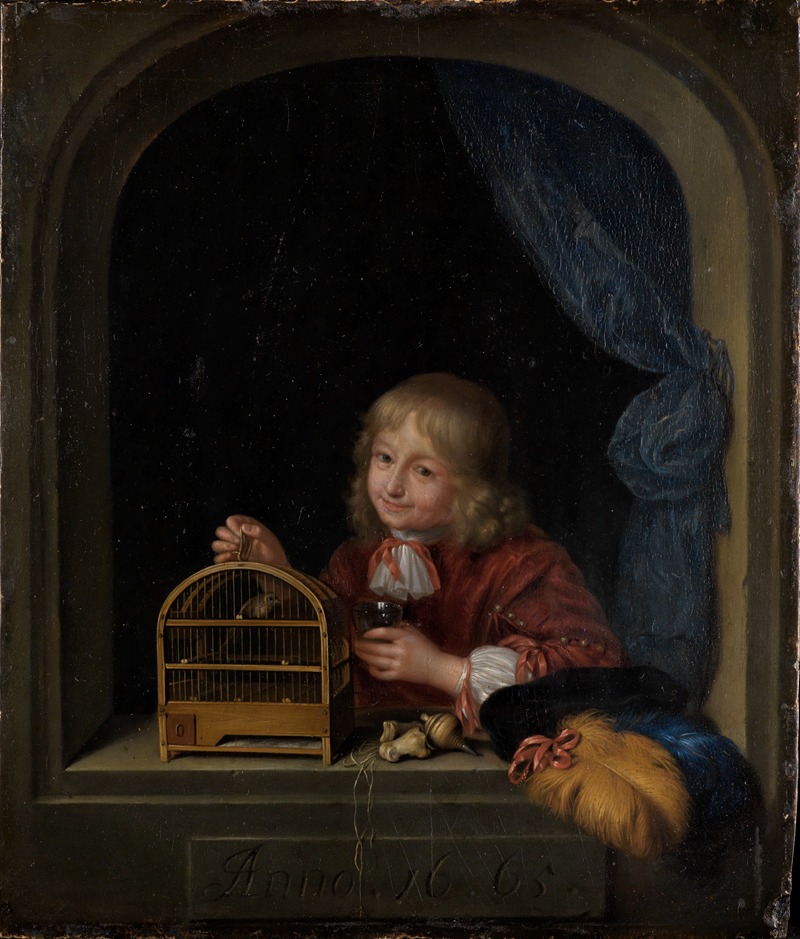 Frans van Mieris the Elder - Knabe mit Vogelkäfig im Fenster
