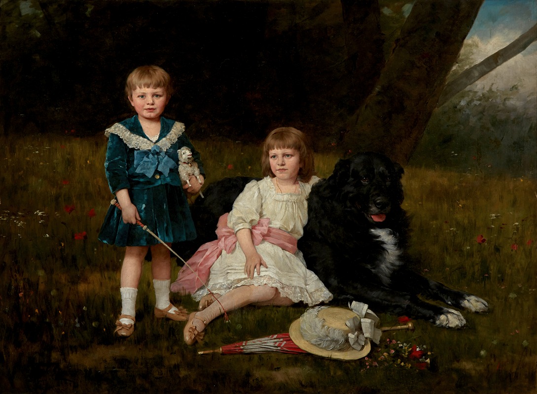 Geza Vastagh - A portrait of two children with their favorite dog in a flowering landscape