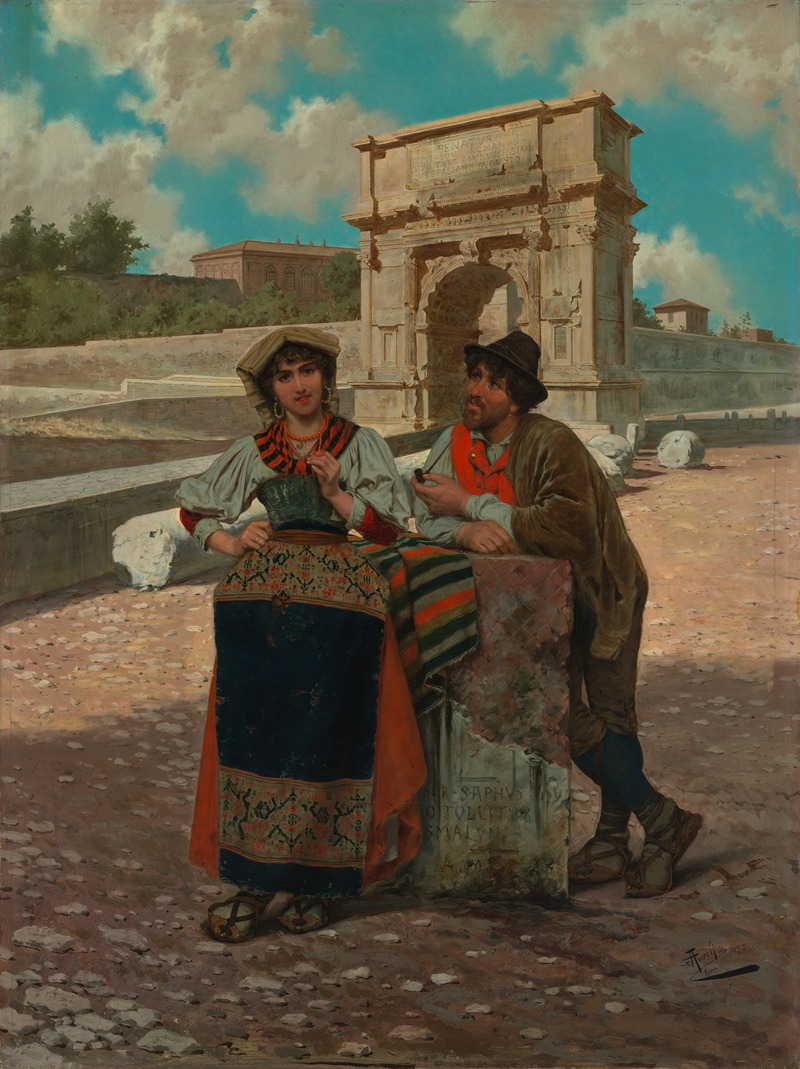 Giuseppe Aureli - Italian peasant couple in front of the Arch of Titus in Rome