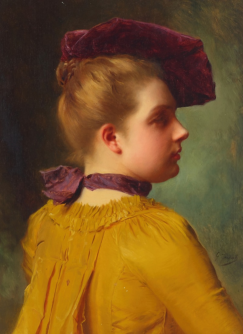 Gustave Jean Jacquet - A portrait of a lady in a plum chapeau
