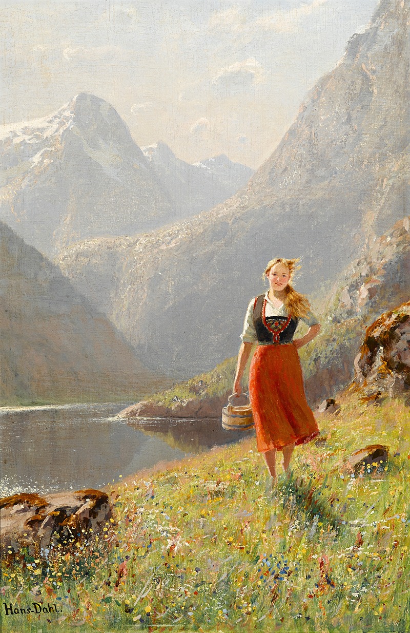 Hans Dahl - A young girl with a basket in the mountains