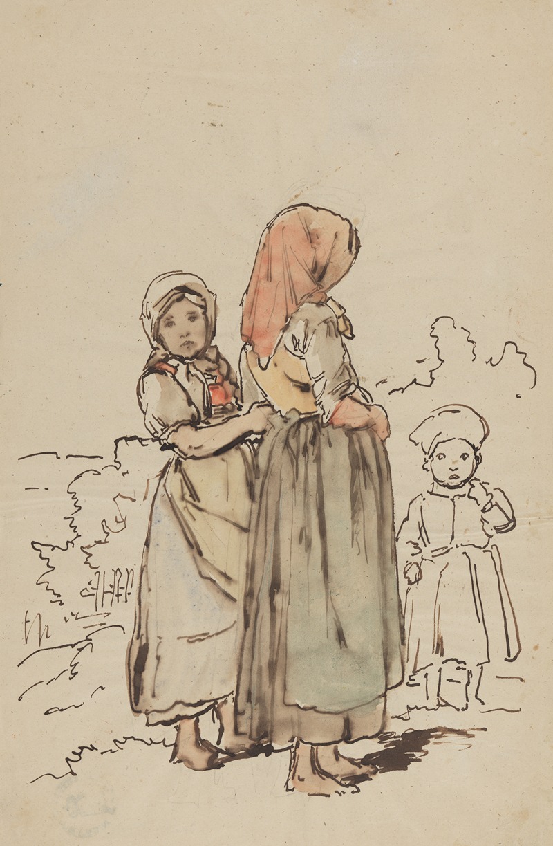 Johann Baptist Kirner - Zwei junge Mädchen und ein Kind vor einer Landschaft