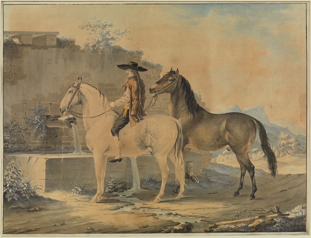Johann Georg Pforr - Reiter mit zwei Pferden am Brunnen