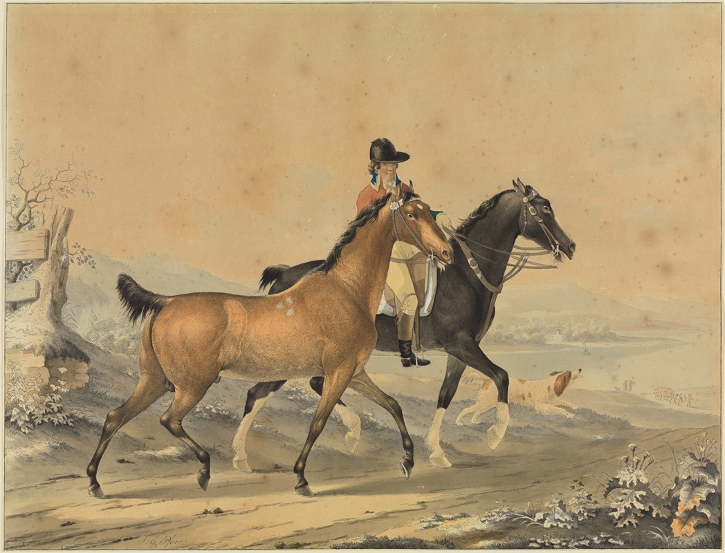 Johann Georg Pforr - Reiter mit zwei Pferden und Hund