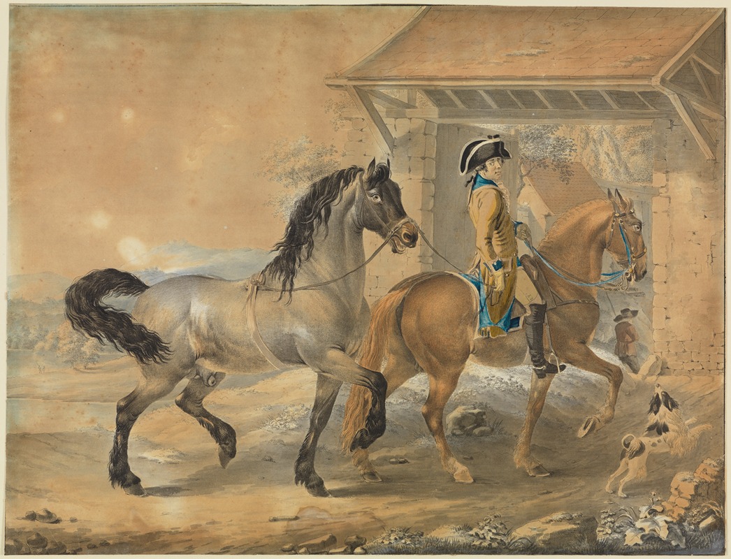 Johann Georg Pforr - Soldat mit 2 Pferden vor Gehöft