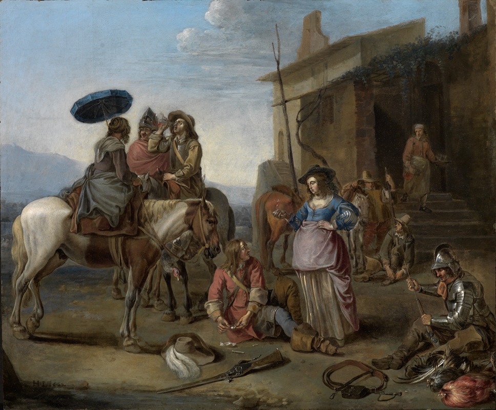 Johannes Lingelbach - Reisende halten vor einer Osteria