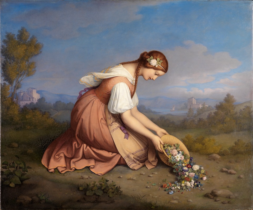 Marie Ellenrieder - Kneeling girl, pouring out a basket of flowers