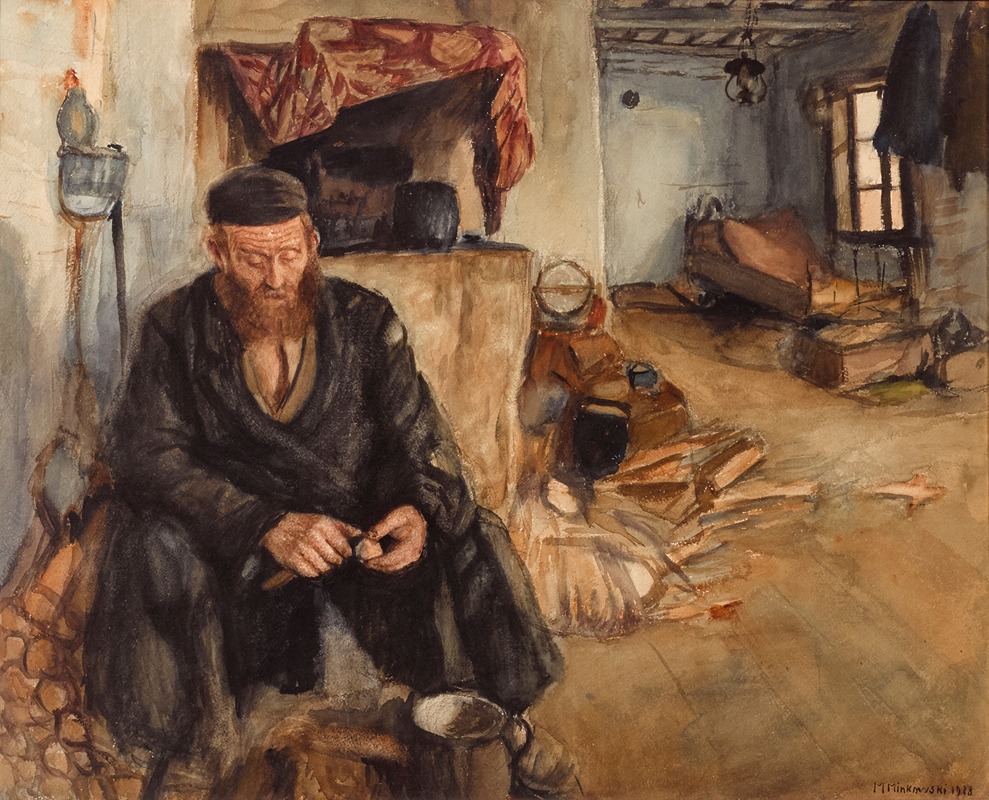 Maurycy Minkowski - An interior with a man peeling potatoes